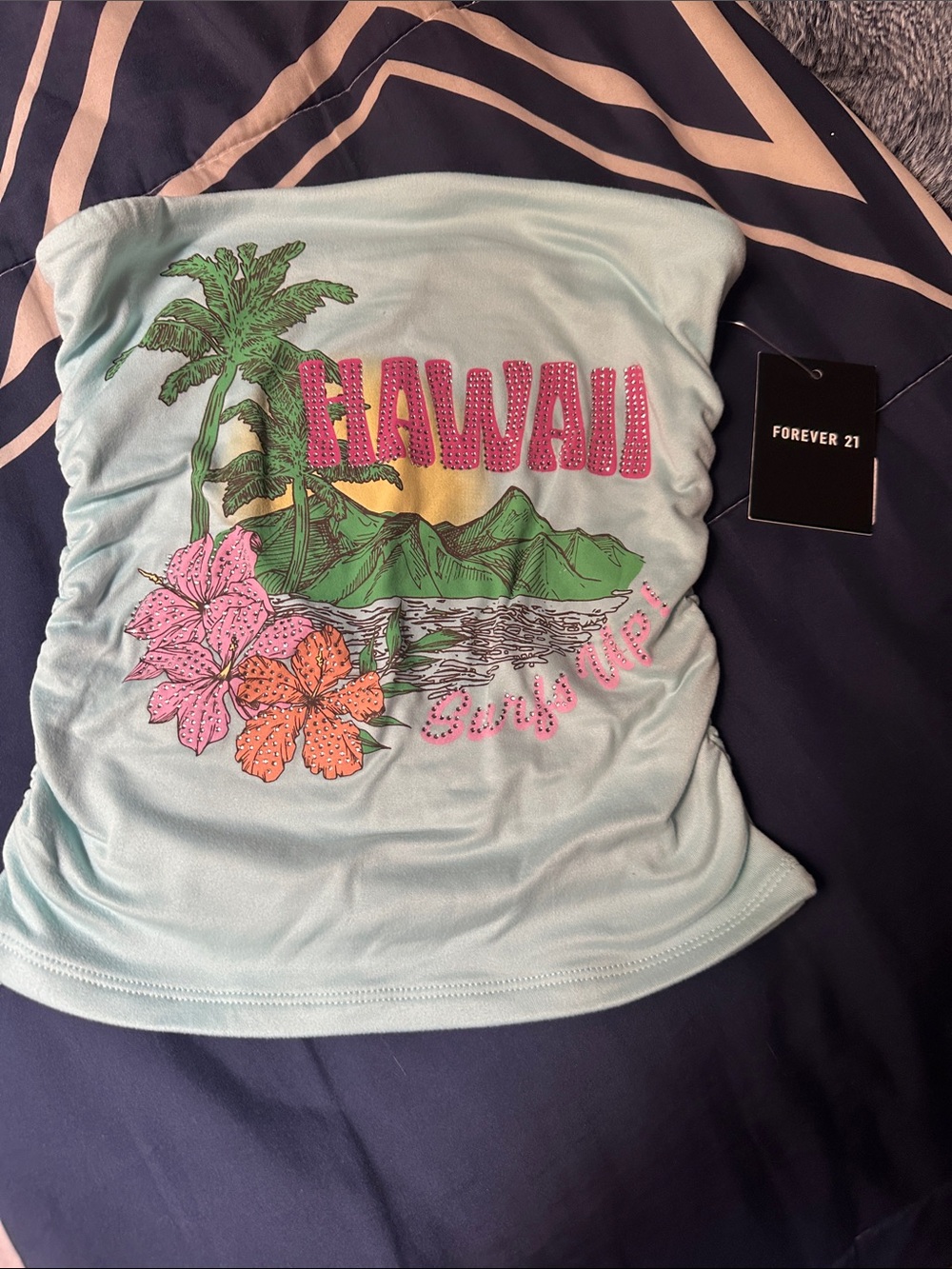Forever 21 Kids Light Blue Hawaii Graphic Tube Top with Pink & Orange Floral